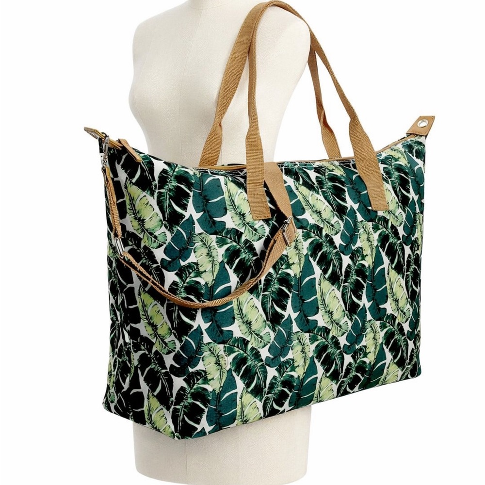 Extra Large Tropical Leaf Canvas Tote Bag w/ Zip & Removable Strap – New